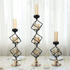 3-Tier Candle Holder Black Geometric Design with Amber Glass Votives & Gold Trim - Modern Decor for Weddings 28" Tall