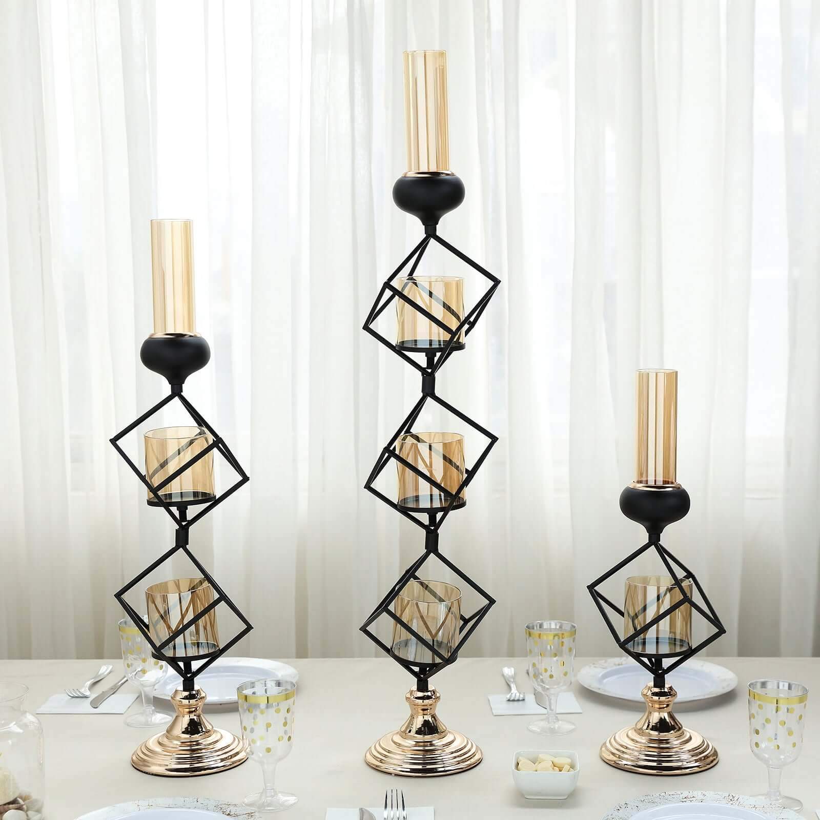 3-Tier Candle Holder Black Geometric Design with Amber Glass Votives & Gold Trim - Modern Decor for Weddings 28" Tall