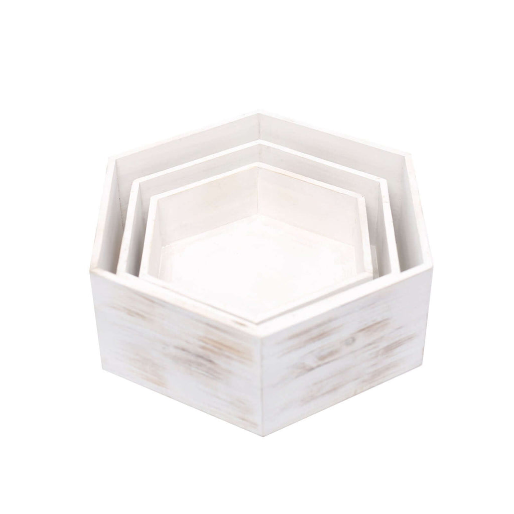 Set of 3 Wooden Dessert Display Boxes Whitewashed Hexagonal Design - Stackable Riser Cake Stand 9", 11", 13"