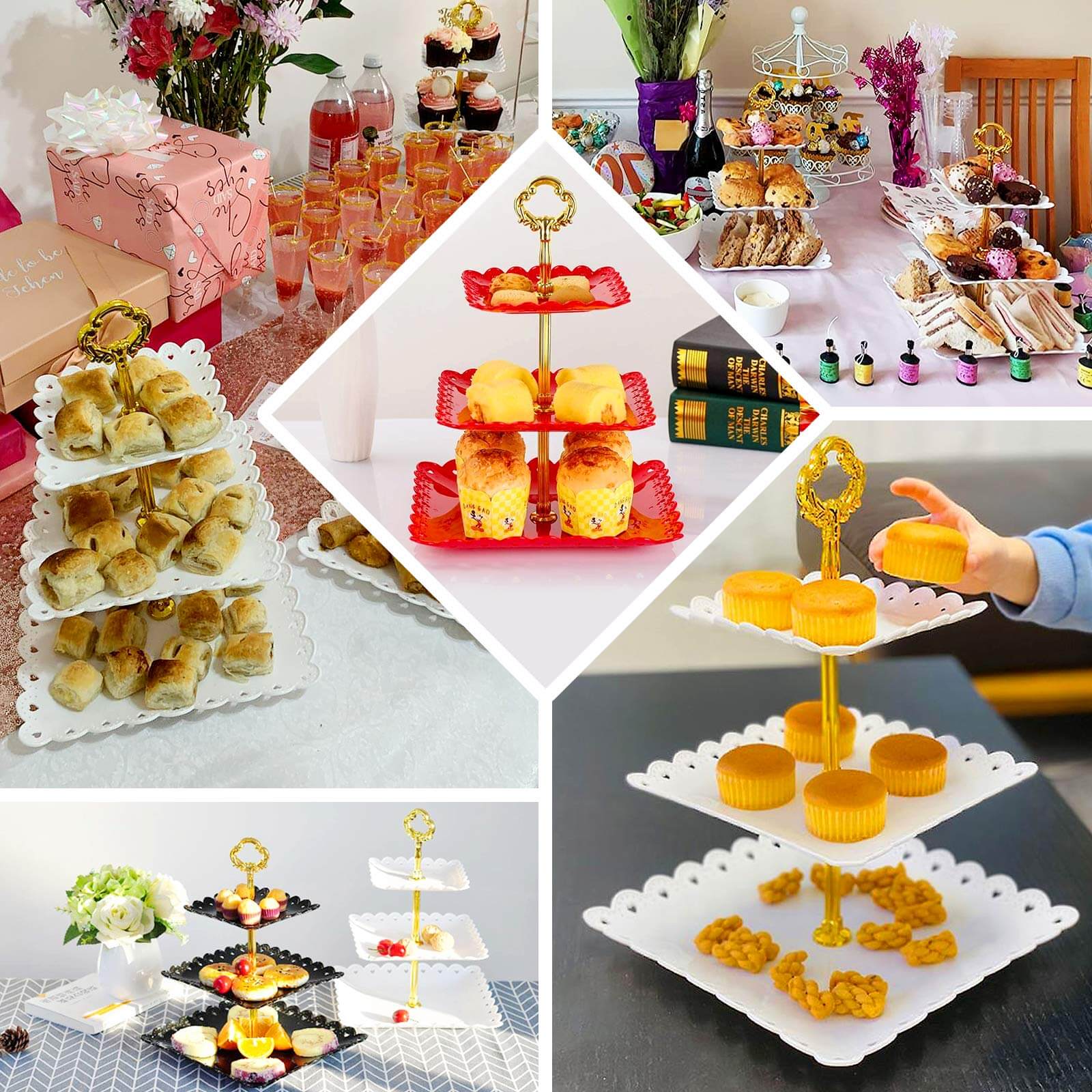 3-Tier Plastic Square Cupcake Stand Tower Black - Charming Disposable Dessert Display Serving Tray Platter with Heart Wavy Edge & Gold Top Handle for Tea Parties Weddings & Special Occasions 13"