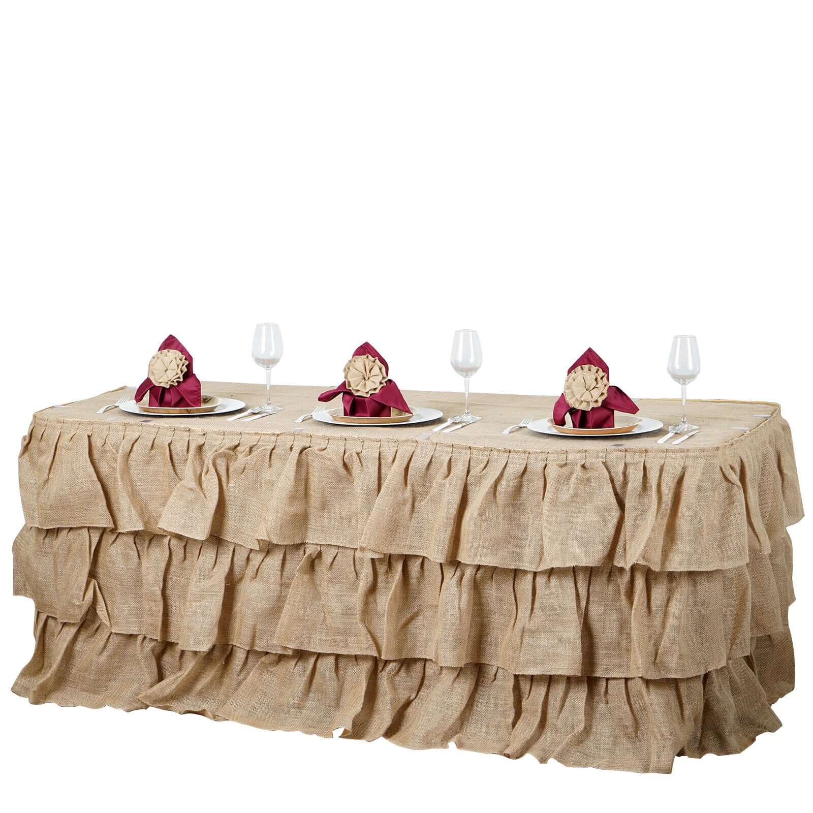 Burlap 21ft Table Skirt Natural 3 Tier Ruffled Design for Rustic Weddings & Country Events