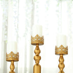 Set of 3 Lace Hurricane Candle Holders Antique Gold with Glass Shades - Chic Pillar Candle Stands 12", 14", 17"
