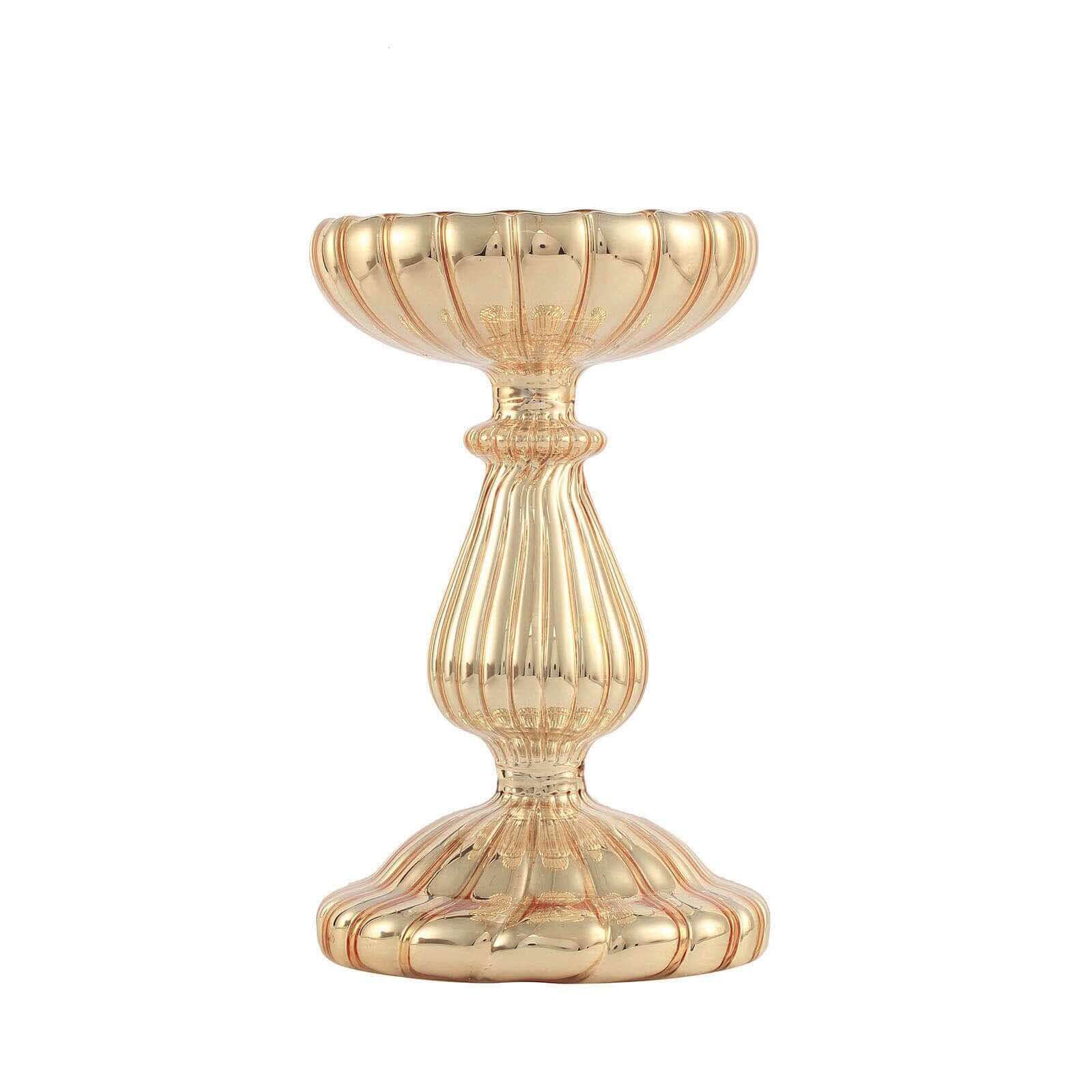 Set of 3 Candle Holder Stands Gold Mercury Glass Pillar Design - Stylish Votive Centerpieces for Tables & Decor 7", 8", 10"