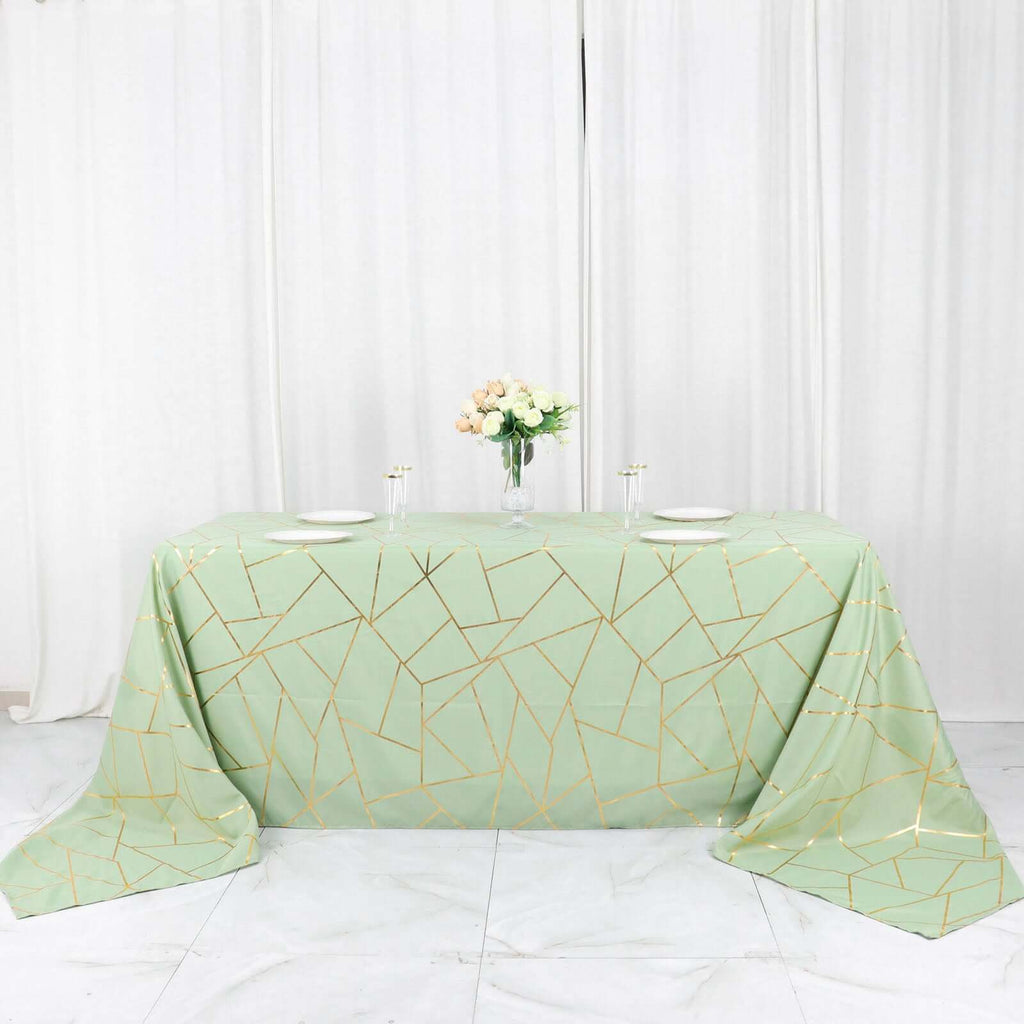 Polyester 90"x156" Rectangle Tablecloth Sage Green Seamless with Gold Foil Geometric Pattern - Wrinkle-Resistant Seamless Table Cover for Sophisticated Events