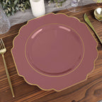 10-Pack Plastic Dinner Plates in Cinnamon Rose Baroque Design with Scalloped Gold Rim - Heavy Duty Disposable Party Plates 11"