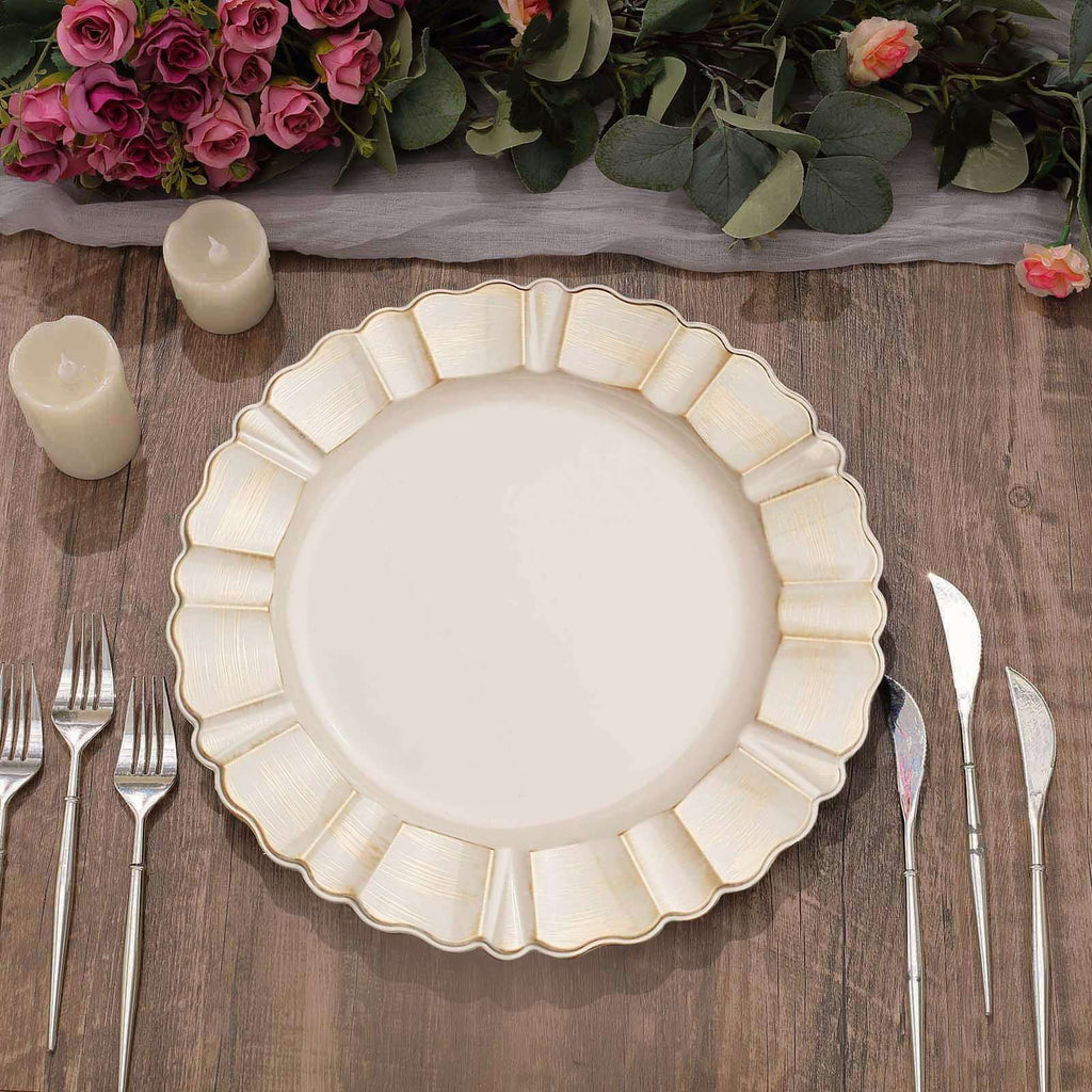 6-Pack Acrylic Plastic Round Charger Plates 13" in Beige with Gold Brushed Wavy Scalloped Rim, Decorative Dinner Party Charger Tableware