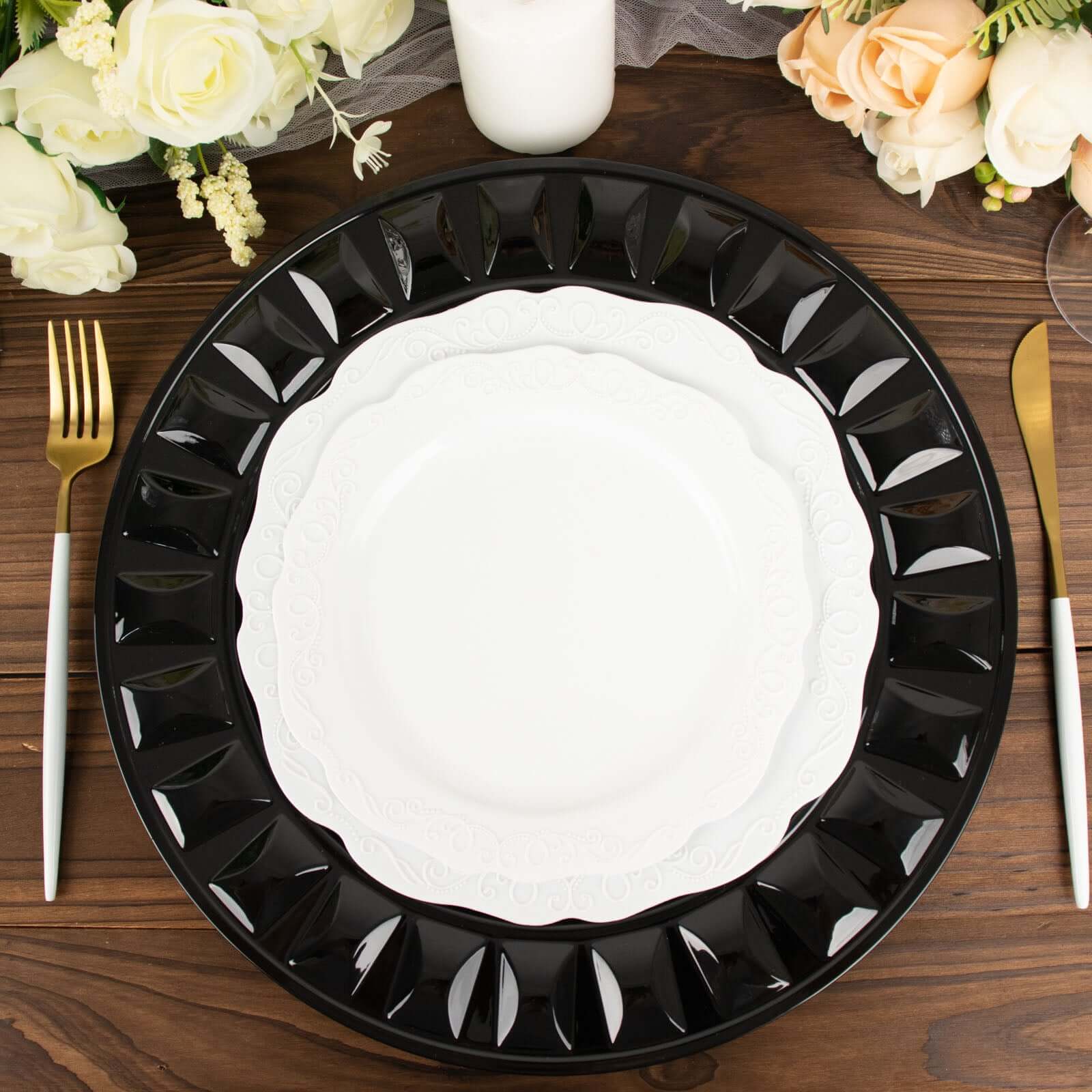 6-Pack Plastic Round Charger Plates 13" in Black with Bejeweled Rim, Luxe Decorative Dinner Party Charger Tableware