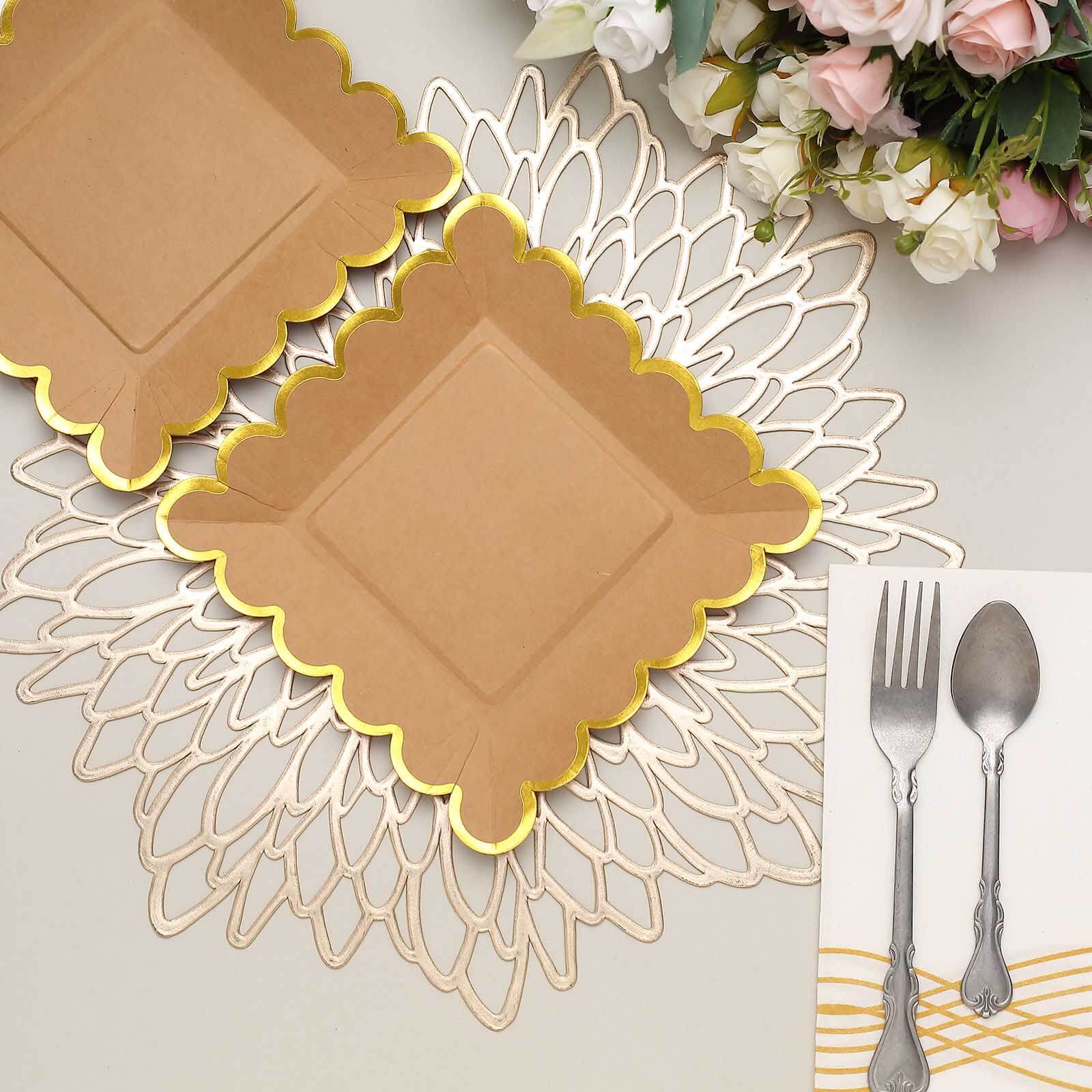 25-Pack Paper 7" Square Dessert Plates in Natural Brown with Gold Scalloped Rim - Disposable Salad Appetizer Party Plates for Stylish Outdoor Events & Boho Celebrations