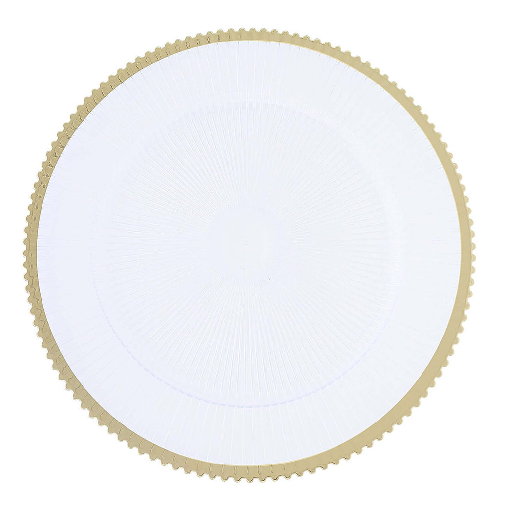 6-Pack Acrylic Plastic Round Charger Plates 13" in Clear with Gold Sunray Wavy Rim, Exquisite Dinner Serving Plates