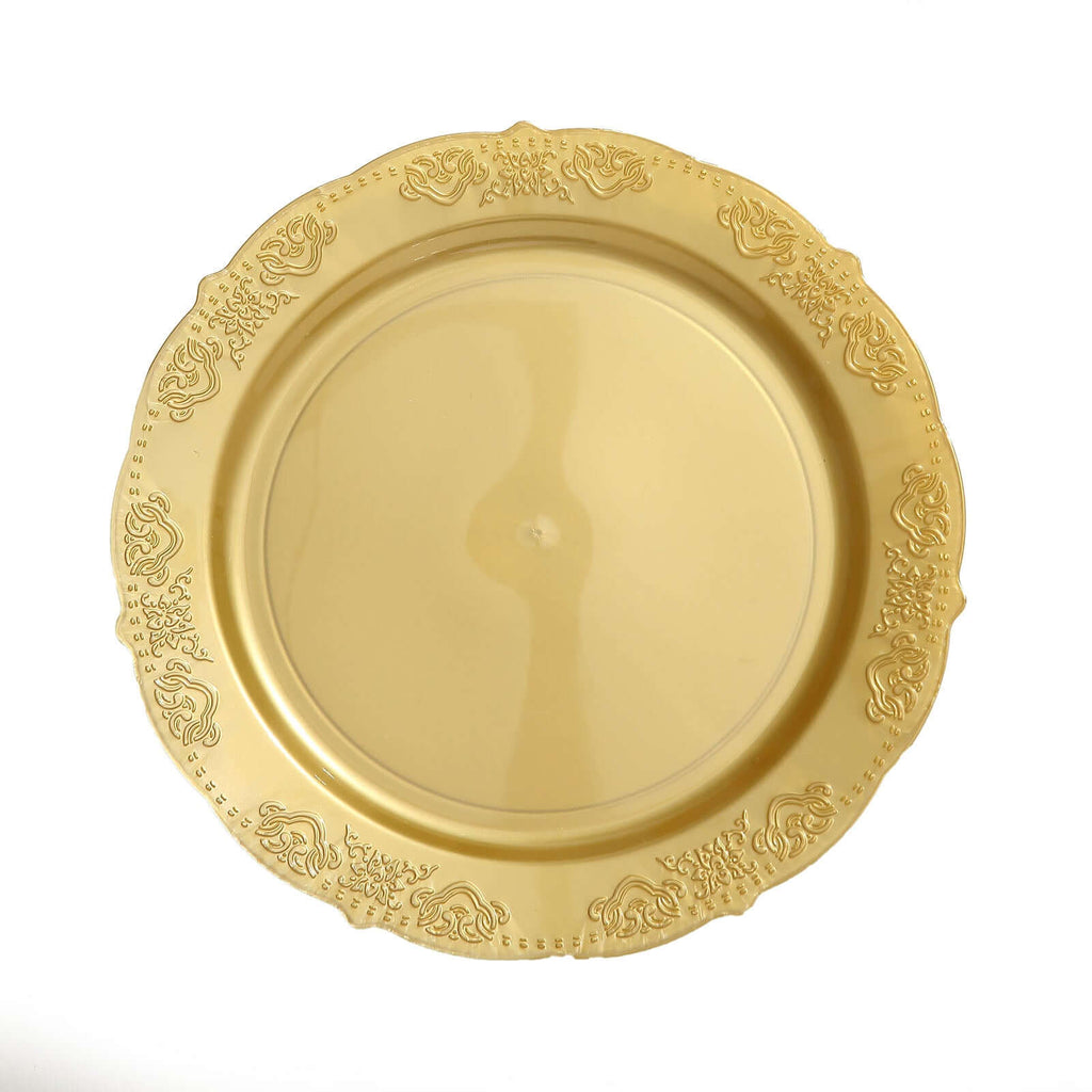10-Pack Plastic 10" Round Dinner Plates Gold Embossed Scalloped Edge - Chic Disposable Party Plates for Special Occasions & Banquets