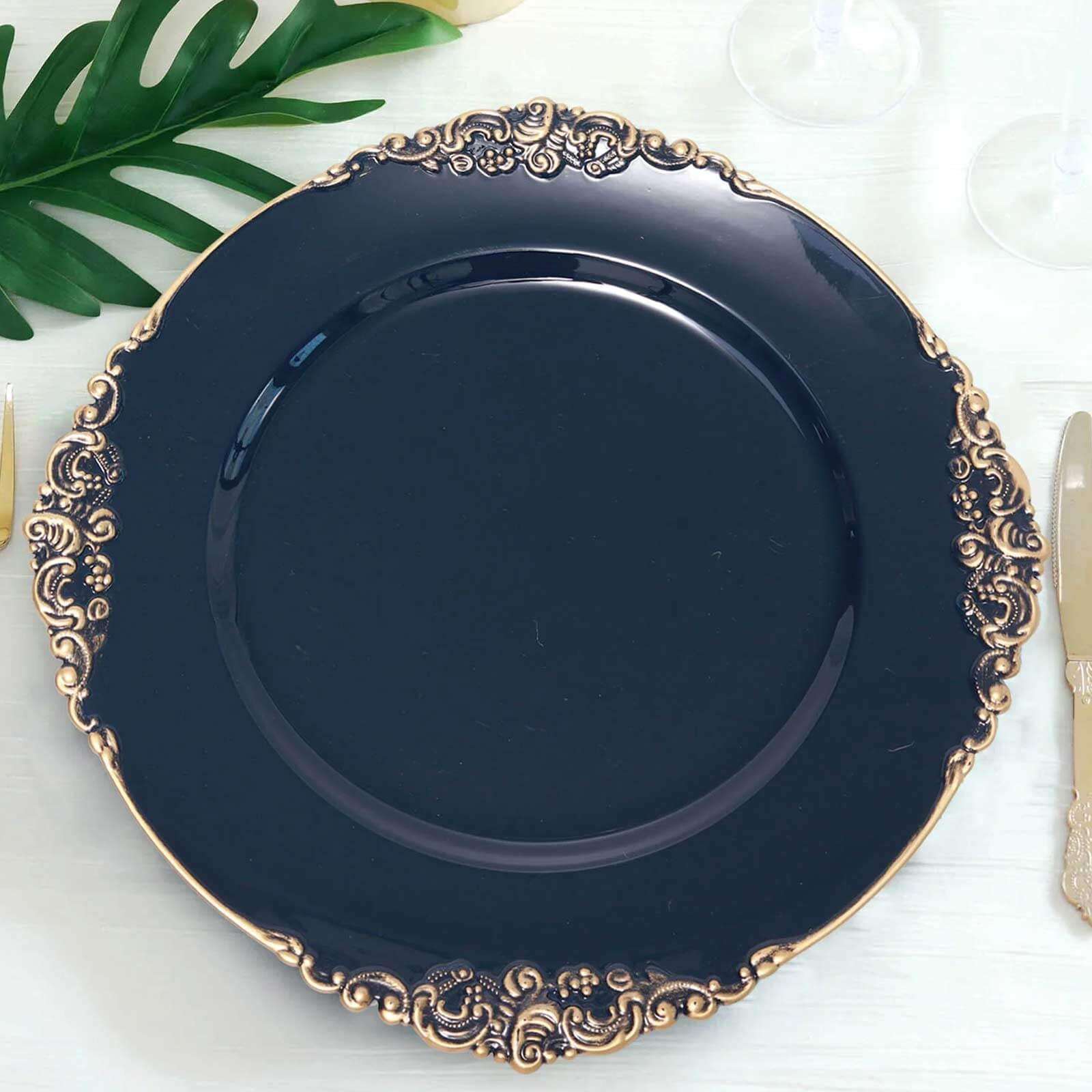6-Pack Acrylic Round Charger Plates 13" in Navy Blue with Gold Embossed Baroque Rim, Antique Decorative Dinner Party Charger Tableware