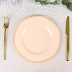 10-Pack Plastic Dinner Plates in Nude with Gold Scalloped Rim - Disposable Party Plates 9"