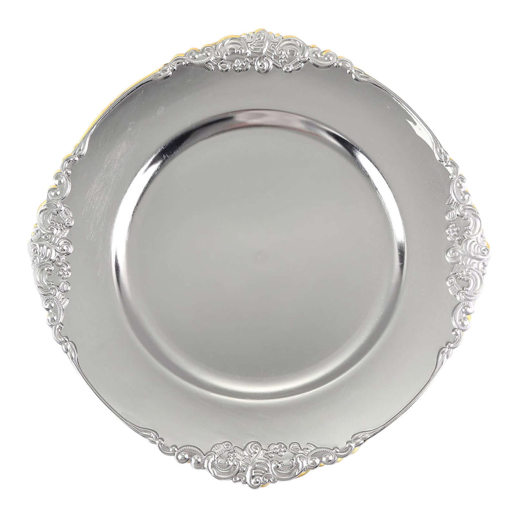 6-Pack Acrylic Round Charger Plates 13" in Silver with Embossed Baroque Rim, Antique Decorative Dinner Party Charger Tableware
