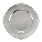 6-Pack Acrylic Round Charger Plates 13" in Silver with Embossed Baroque Rim, Antique Decorative Dinner Party Charger Tableware