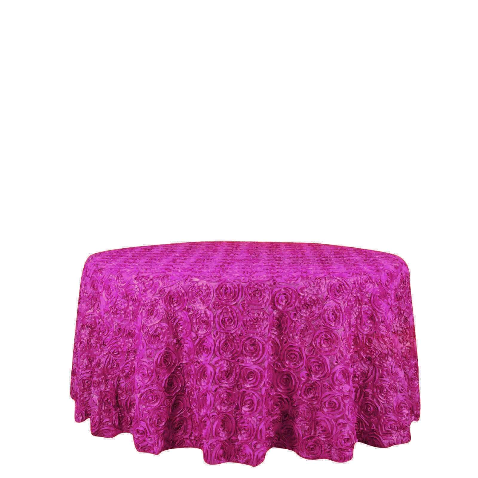Satin 120" Round Tablecloth Fuchsia - Grandiose 3D Rosette with Seamless Finish Table Cover