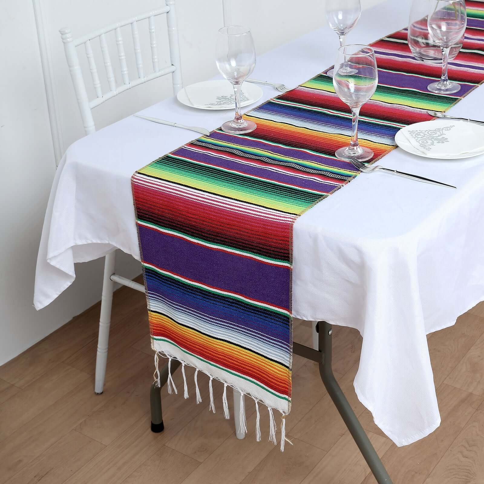 Mexican Serape 14"x108" Table Runner With Tassels Assorted Colors - Vibrant Fiesta Party Decor