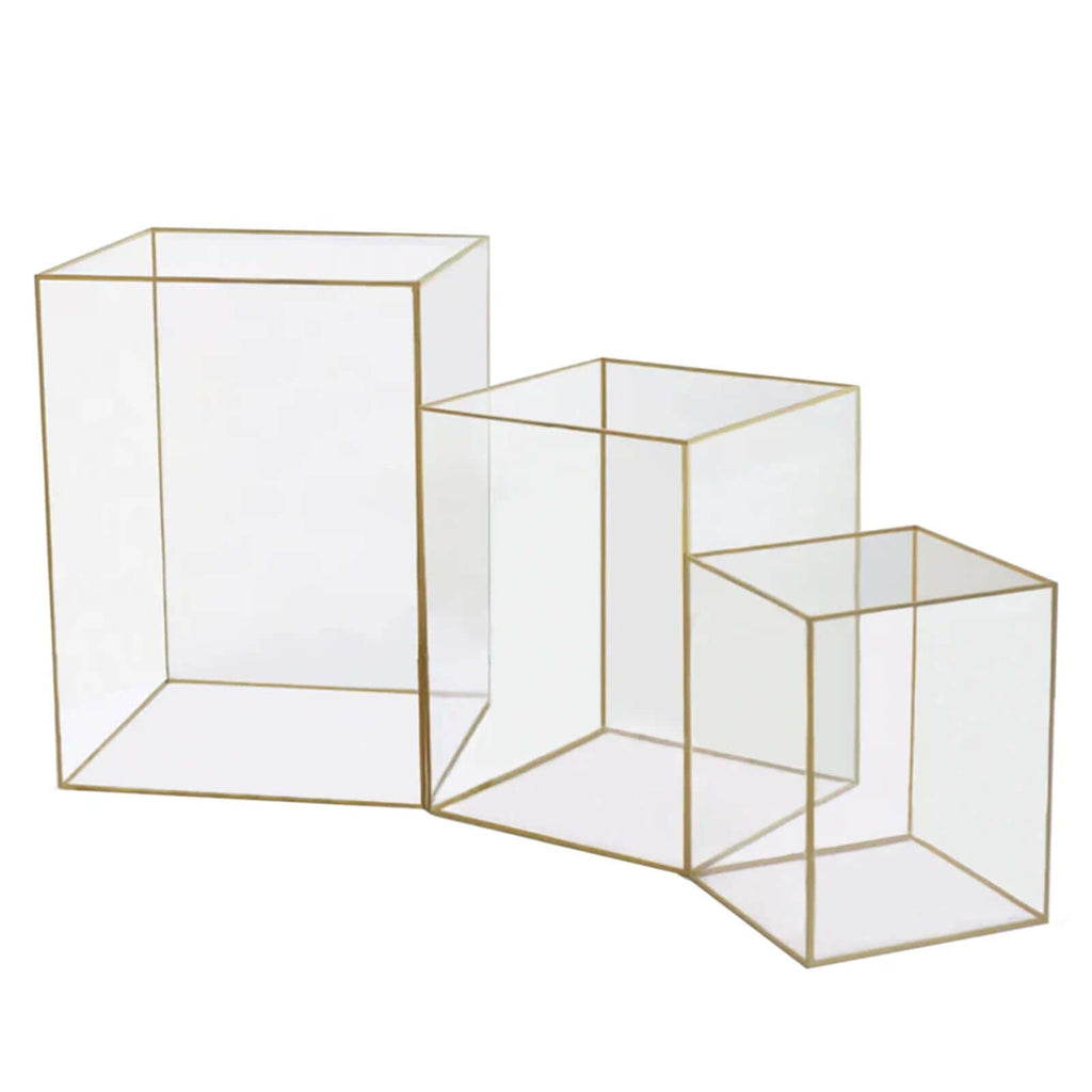 Set of 3 Candle Holders Acrylic Flower Display Boxes with Gold Rims Clear - Decorative Pillar Centerpieces 6", 8", 10"