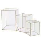 Set of 3 Candle Holders Acrylic Flower Display Boxes with Gold Rims Clear - Decorative Pillar Centerpieces 6", 8", 10"