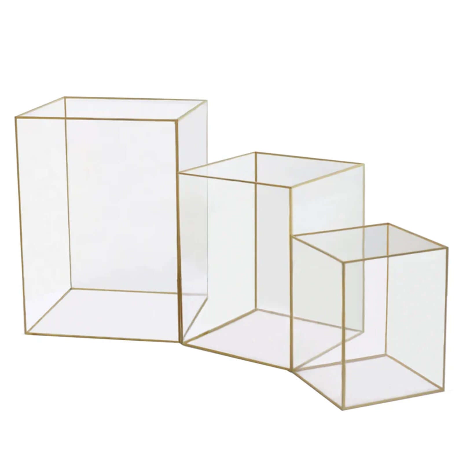 Set of 3 Candle Holders Acrylic Flower Display Boxes with Gold Rims Clear - Decorative Pillar Centerpieces 6", 8", 10"
