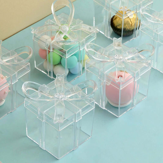 12 Pack 3" Square Clear Bow Top Plastic Party Favor Boxes, Transparent Candy Container Gift Boxes