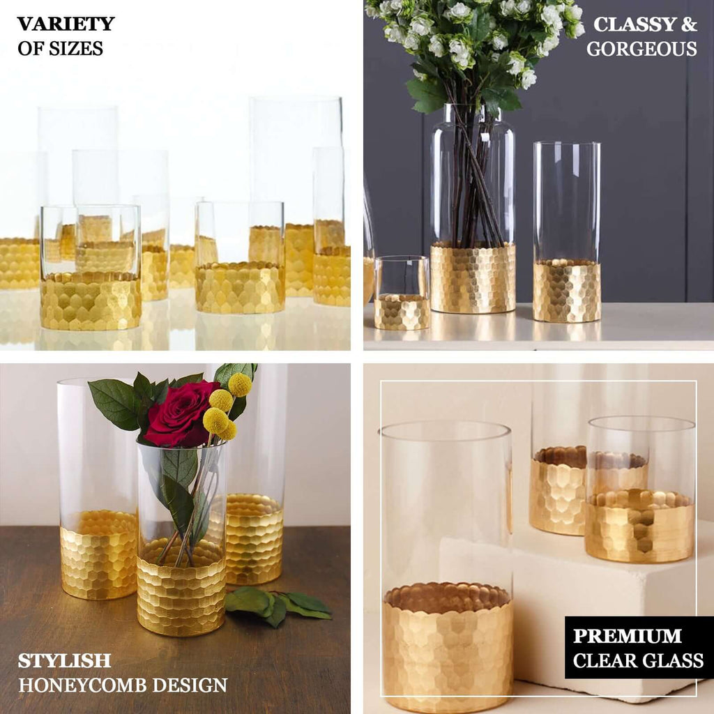 Set of 3 Glass Cylinder Vases Honeycomb Design Clear with Gold Base - Decorative Candle Holder Centerpieces 6", 8", 10"