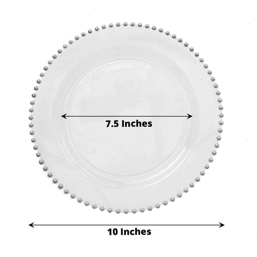 10-Pack Plastic 10" Round Dinner Plates in Clear with Silver Beaded Rim - Disposable Party Plates for Banquets & Festive Occasions