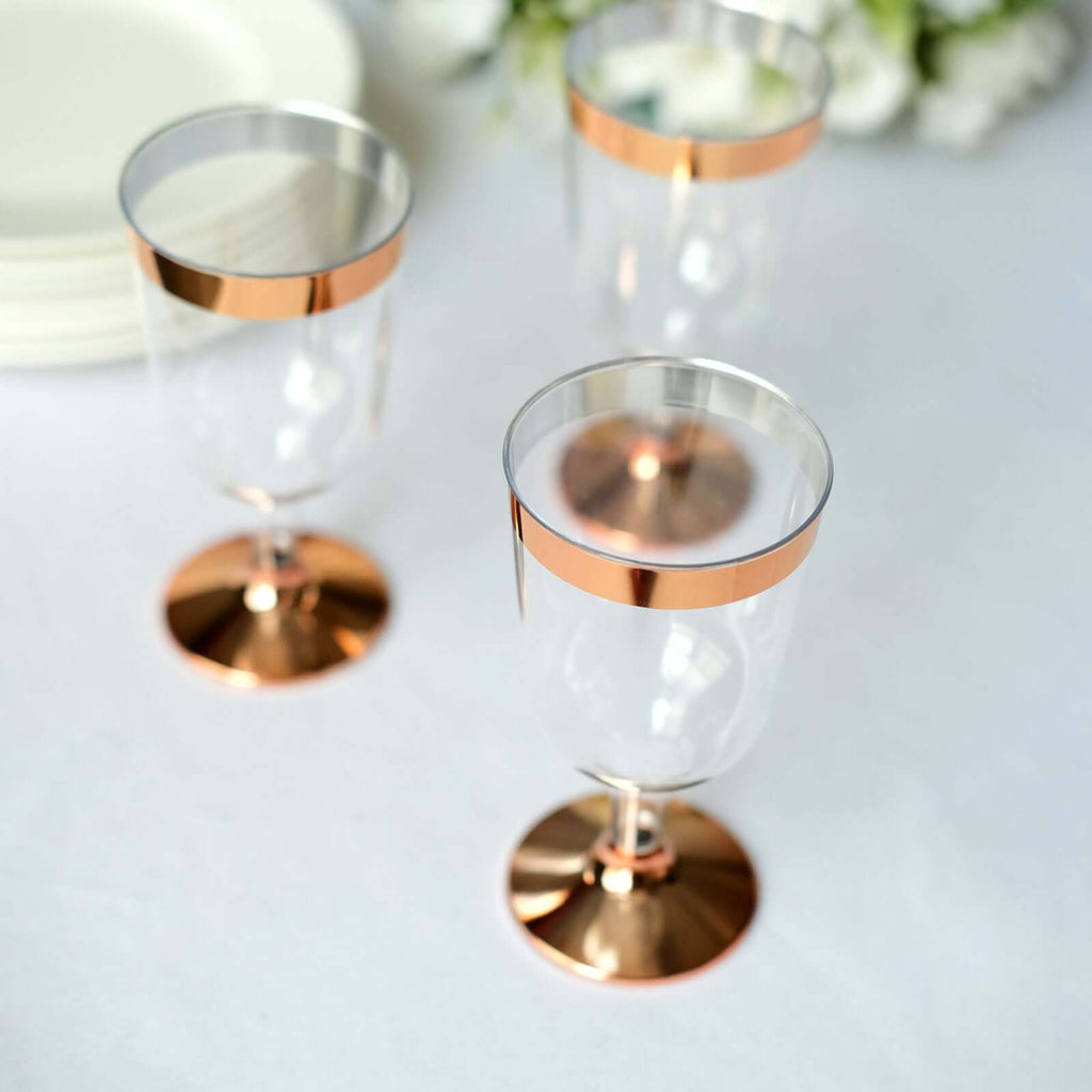12-Pack Plastic Wine Glasses Clear with Rose Gold Rim - Classy Disposable Cups with Detachable Base for Weddings & Special Occasions 6oz