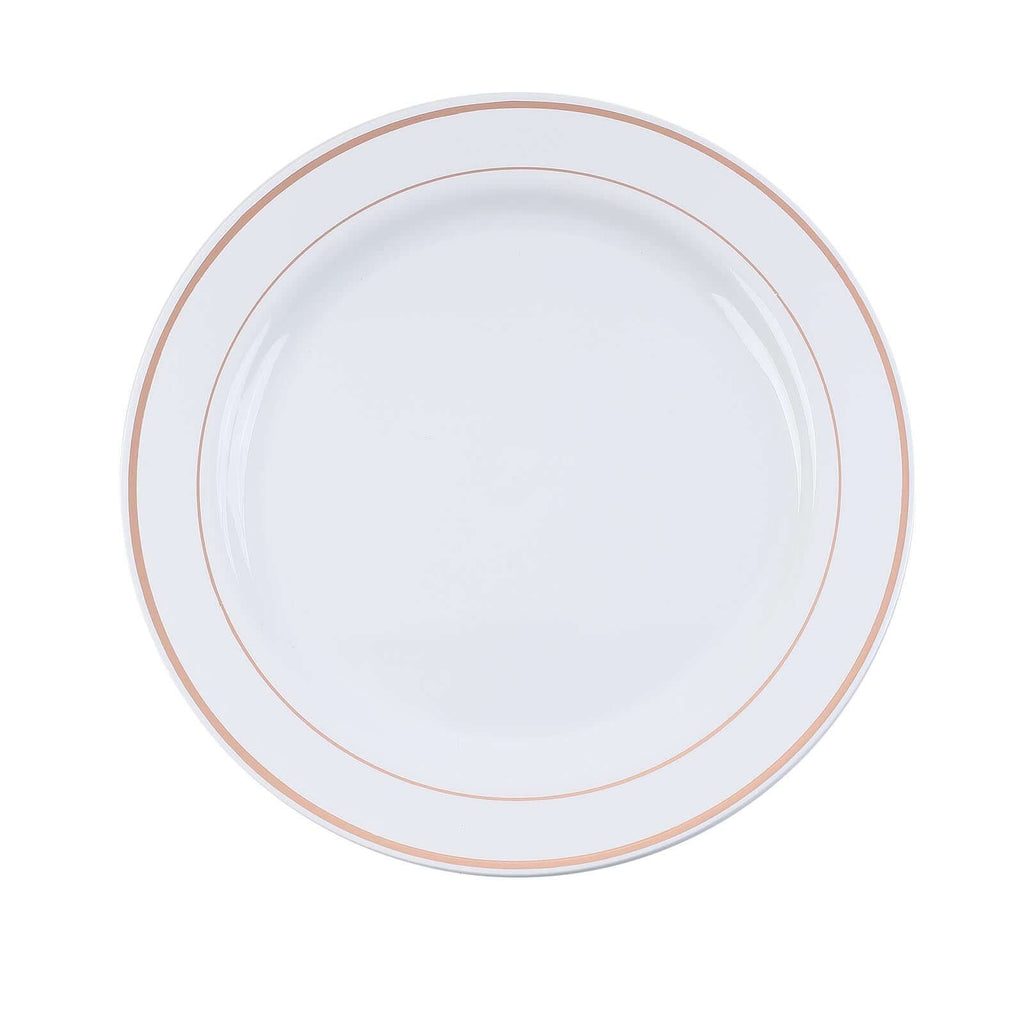 10-Pack Plastic Dinner Plates White with TrÃ¨s Chic Rose Gold Rim - Perfect Disposable Party Plates 10"