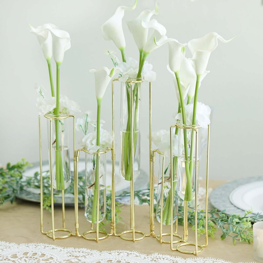 Set of 5 Wedding Centerpieces Gold Frame Conjoined Geometric Design - Test Tube Hydroponic Vases 12"