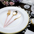 24-Pack Plastic Flatware Set in Metallic Gold with Blush Handle - Heavy Duty Disposable Modern Silverware 8"