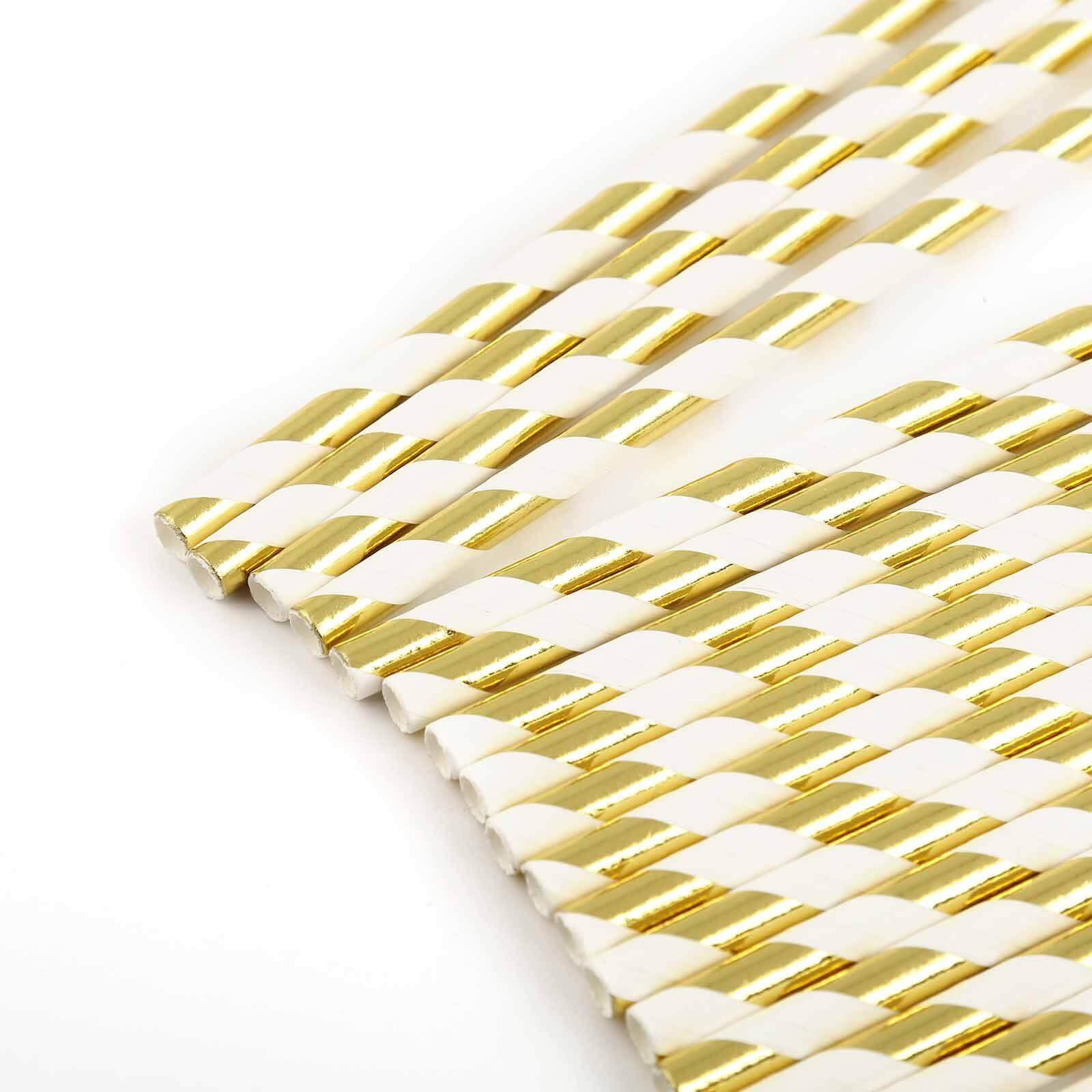 25-Pack Paper Straws White/Gold Striped - Stylish Disposable Straws for Drinks 8"