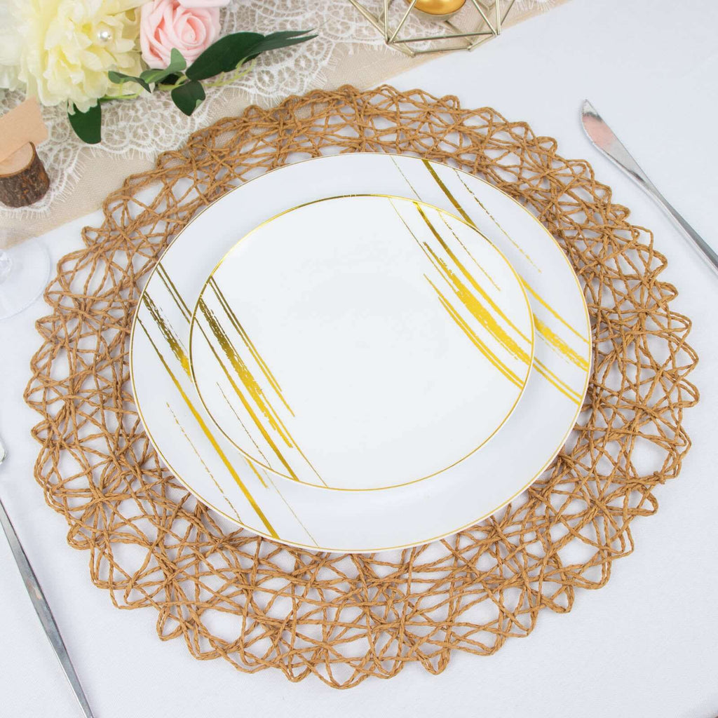6-Pack Table Placemats Woven Fiber Design Natural Round - Disposable Mats for Dining and Events 15"
