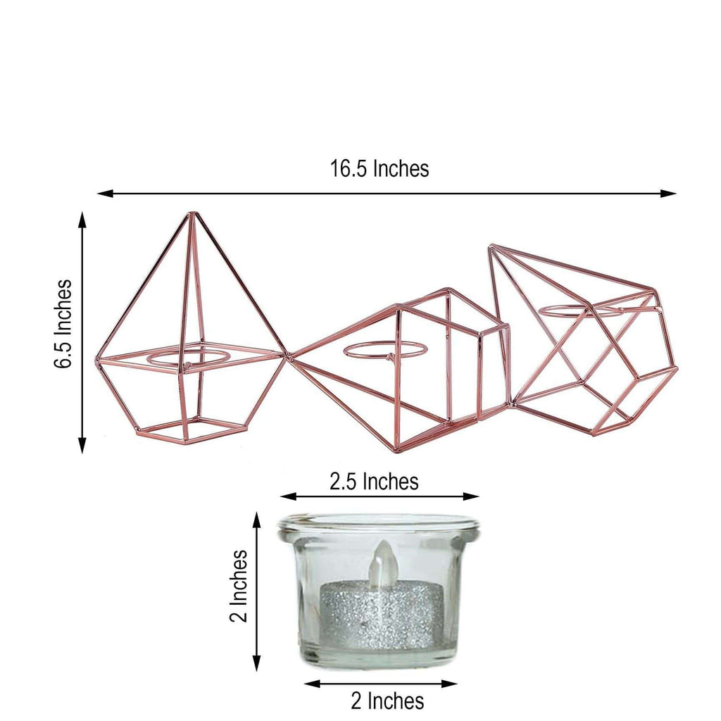Set of Metal Candle Holders Linked Geometric Design Rose Gold - Modern Votive Glass Decor for Tables & Gatherings 16"