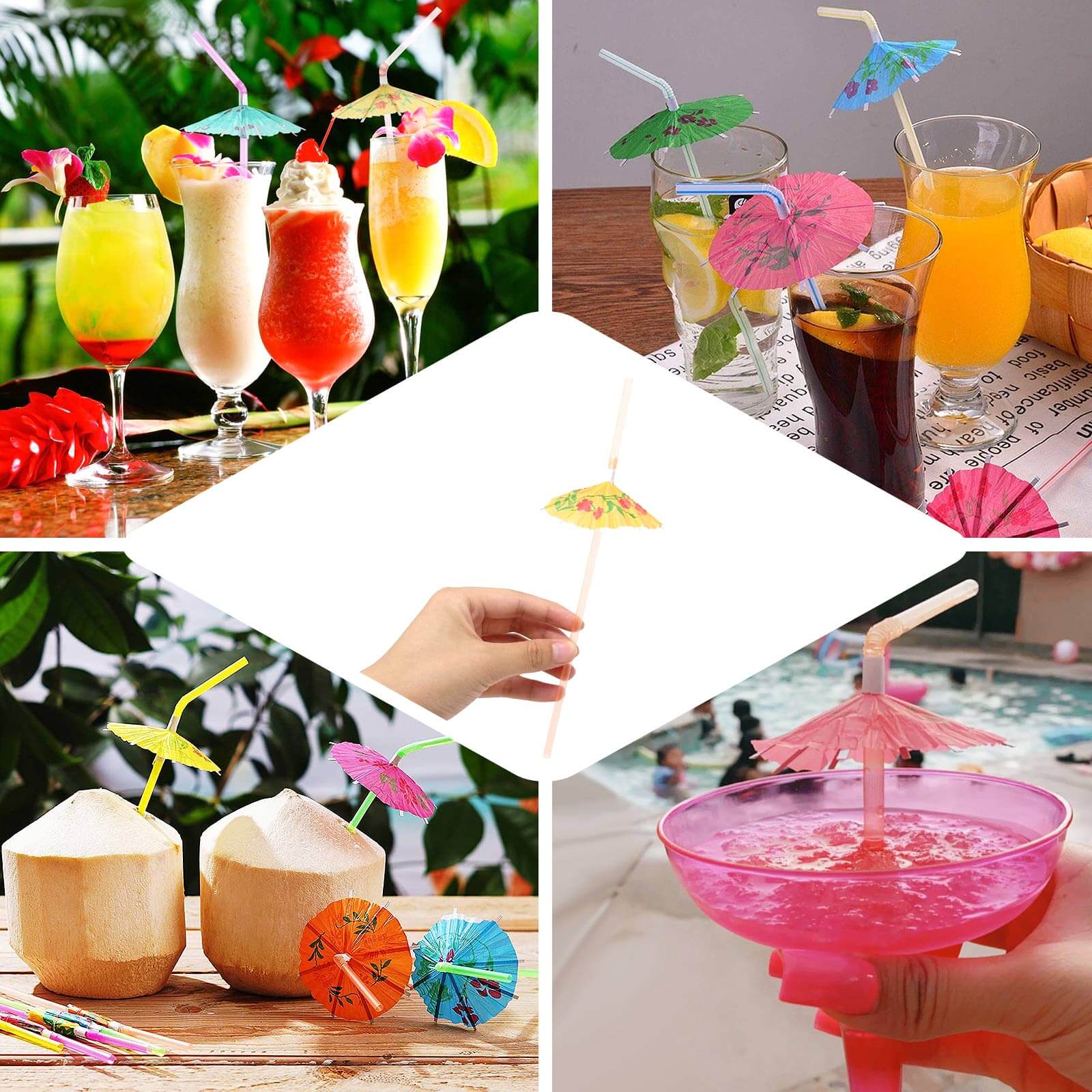 50-Pack Umbrella Drinking Straws Multi-Colored - Fun Disposable Straws for Tropical Parties 10"