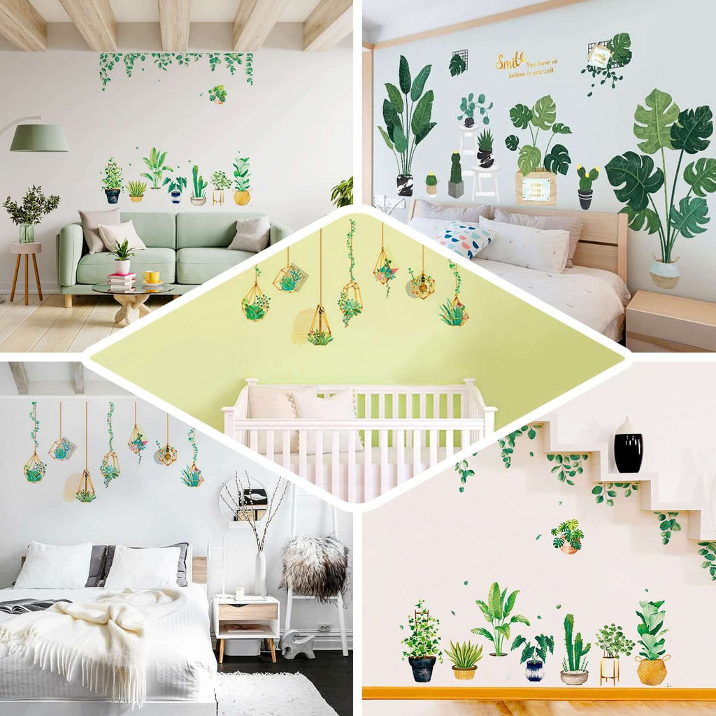 Green Tropical Potted Plants Planters with Hanging Leaves Wall Decals, Peel and Stick Decor Stickers
