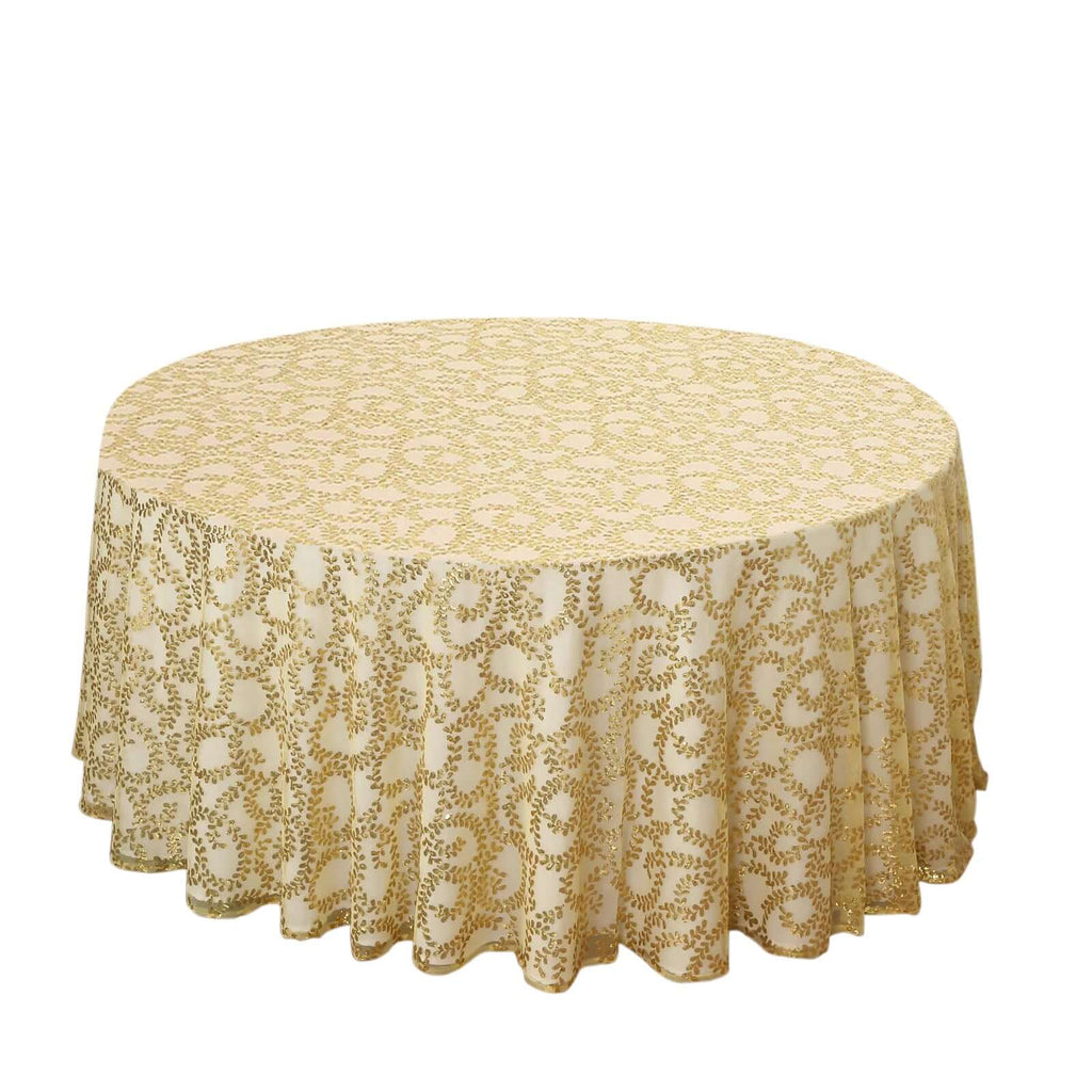 Tulle 120" Round Tablecloth Gold - Seamless Sequin Leaf Embroidered Design for Sophisticated Occasions - Bell Racket Store