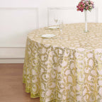 Tulle 120" Round Tablecloth Gold - Seamless Sequin Leaf Embroidered Design for Sophisticated Occasions - Bell Racket Store