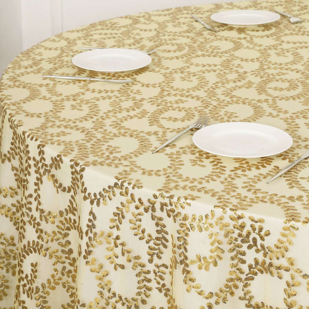 Tulle 120" Round Tablecloth Gold - Seamless Sequin Leaf Embroidered Design for Sophisticated Occasions - Bell Racket Store
