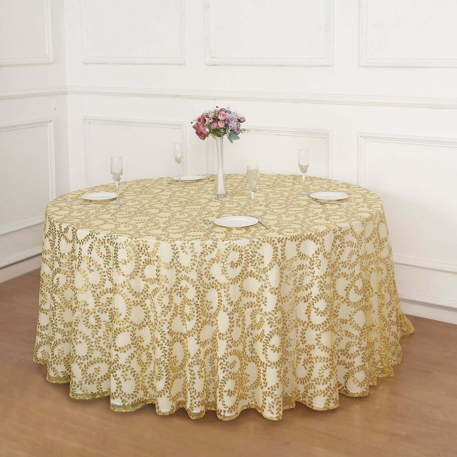 Tulle 120" Round Tablecloth Gold - Seamless Sequin Leaf Embroidered Design for Sophisticated Occasions - Bell Racket Store