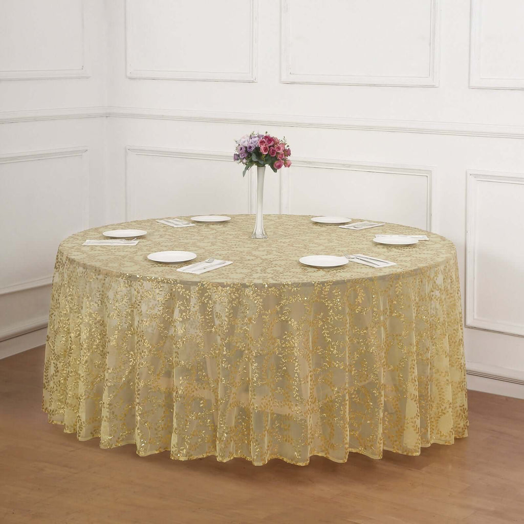 Tulle 120" Round Tablecloth Gold - Seamless Sequin Leaf Embroidered Design for Sophisticated Occasions - Bell Racket Store