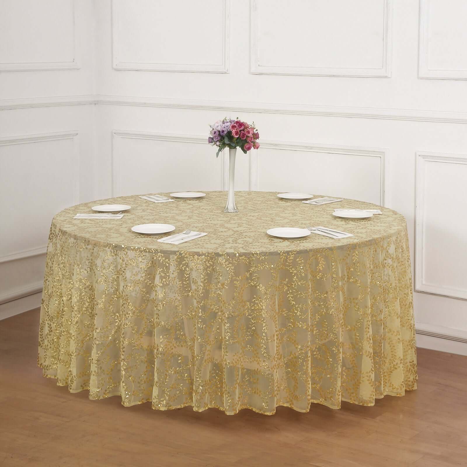 Tulle 120" Round Tablecloth Gold - Seamless Sequin Leaf Embroidered Design for Sophisticated Occasions - Bell Racket Store