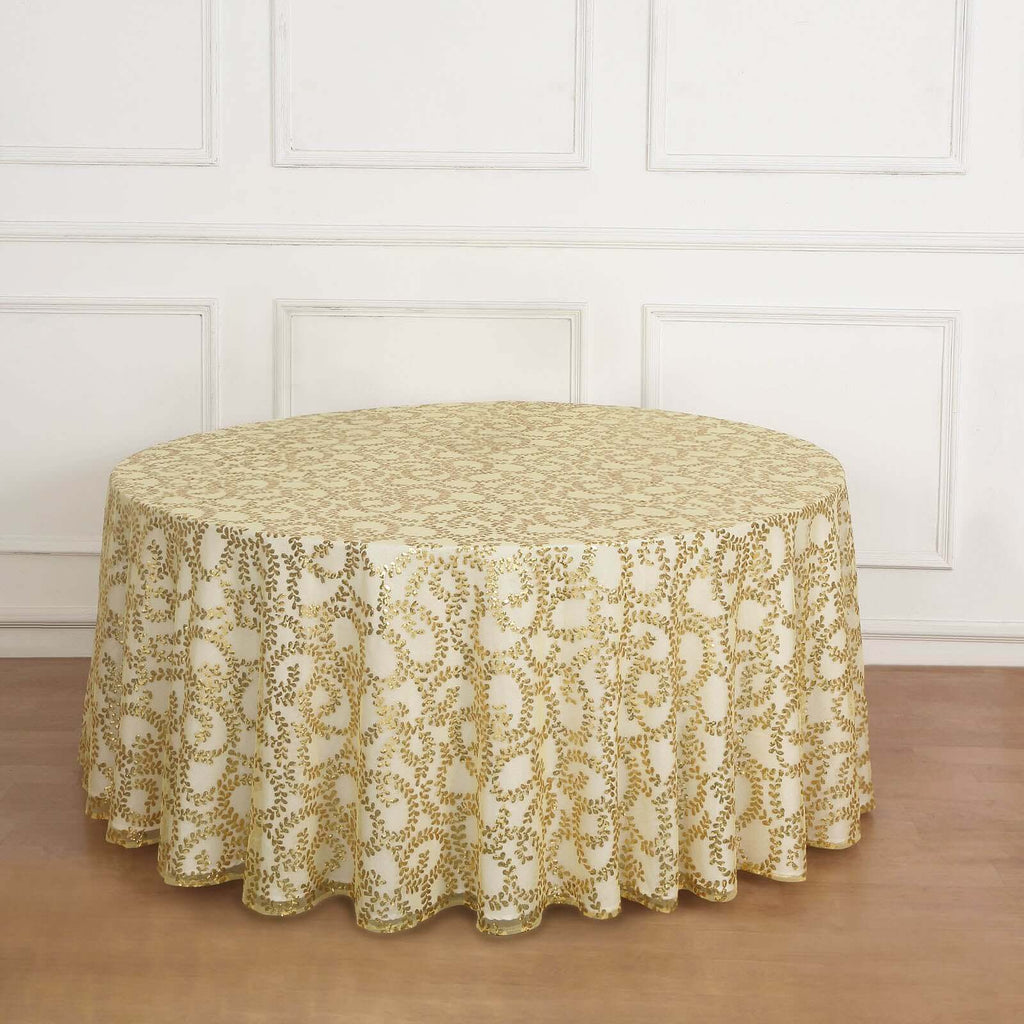 Tulle 120" Round Tablecloth Gold - Seamless Sequin Leaf Embroidered Design for Sophisticated Occasions - Bell Racket Store