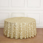 Tulle 120" Round Tablecloth Gold - Seamless Sequin Leaf Embroidered Design for Sophisticated Occasions - Bell Racket Store