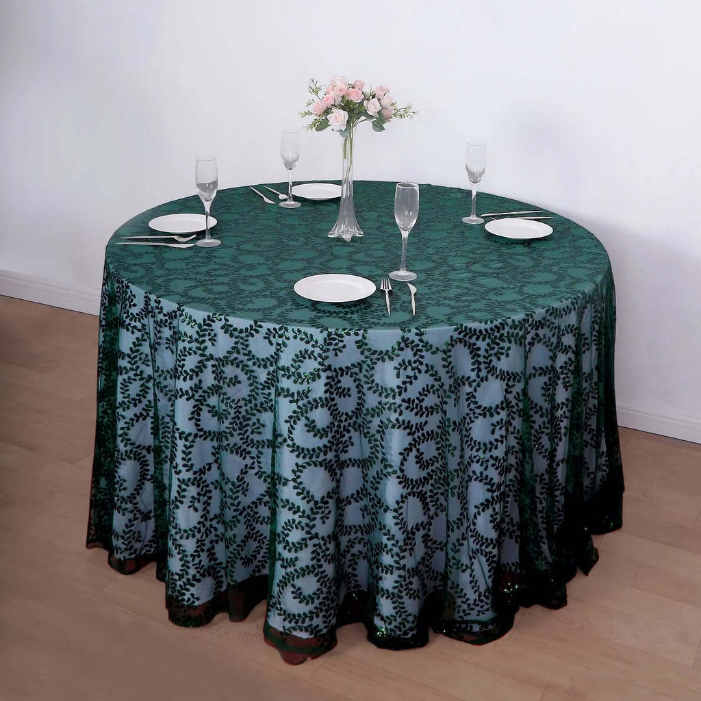 Tulle 120" Round Tablecloth Hunter Emerald Green - Seamless Sequin Leaf Embroidered Table Cover - Bell Racket Store
