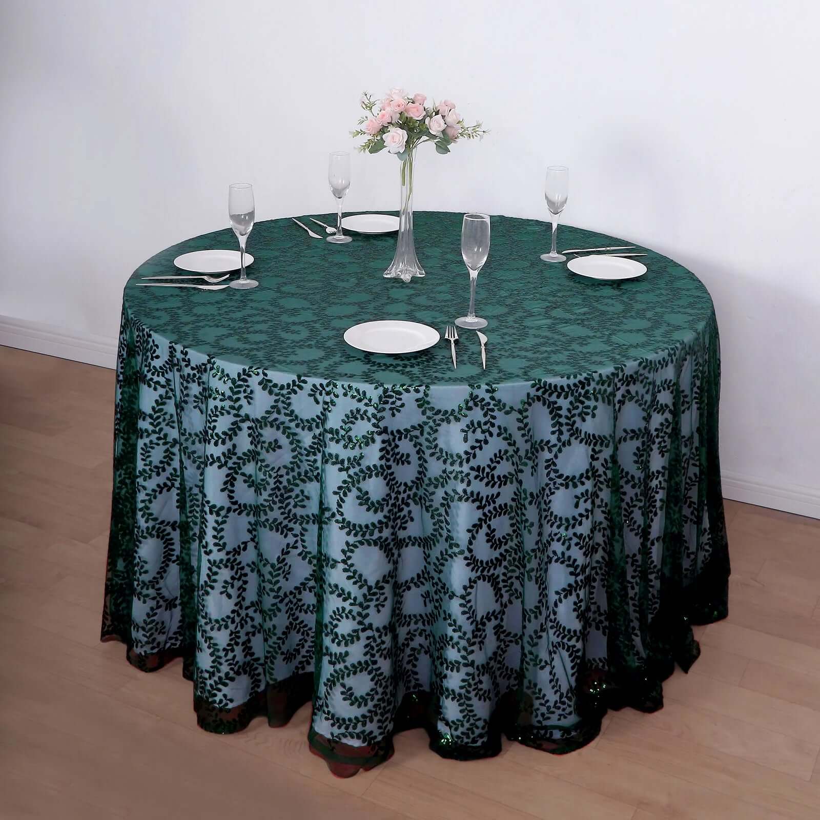 Tulle 120" Round Tablecloth Hunter Emerald Green - Seamless Sequin Leaf Embroidered Table Cover - Bell Racket Store