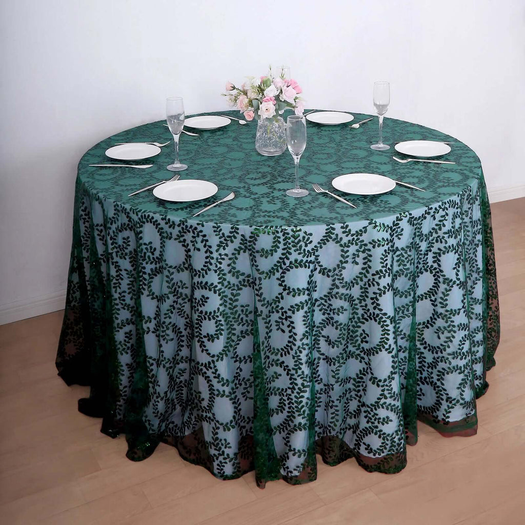 Tulle 120" Round Tablecloth Hunter Emerald Green - Seamless Sequin Leaf Embroidered Table Cover - Bell Racket Store