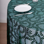 Tulle 120" Round Tablecloth Hunter Emerald Green - Seamless Sequin Leaf Embroidered Table Cover - Bell Racket Store
