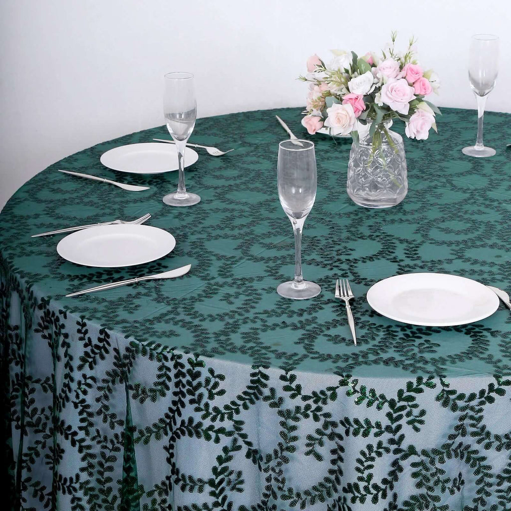 Tulle 120" Round Tablecloth Hunter Emerald Green - Seamless Sequin Leaf Embroidered Table Cover - Bell Racket Store