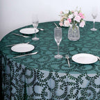 Tulle 120" Round Tablecloth Hunter Emerald Green - Seamless Sequin Leaf Embroidered Table Cover - Bell Racket Store