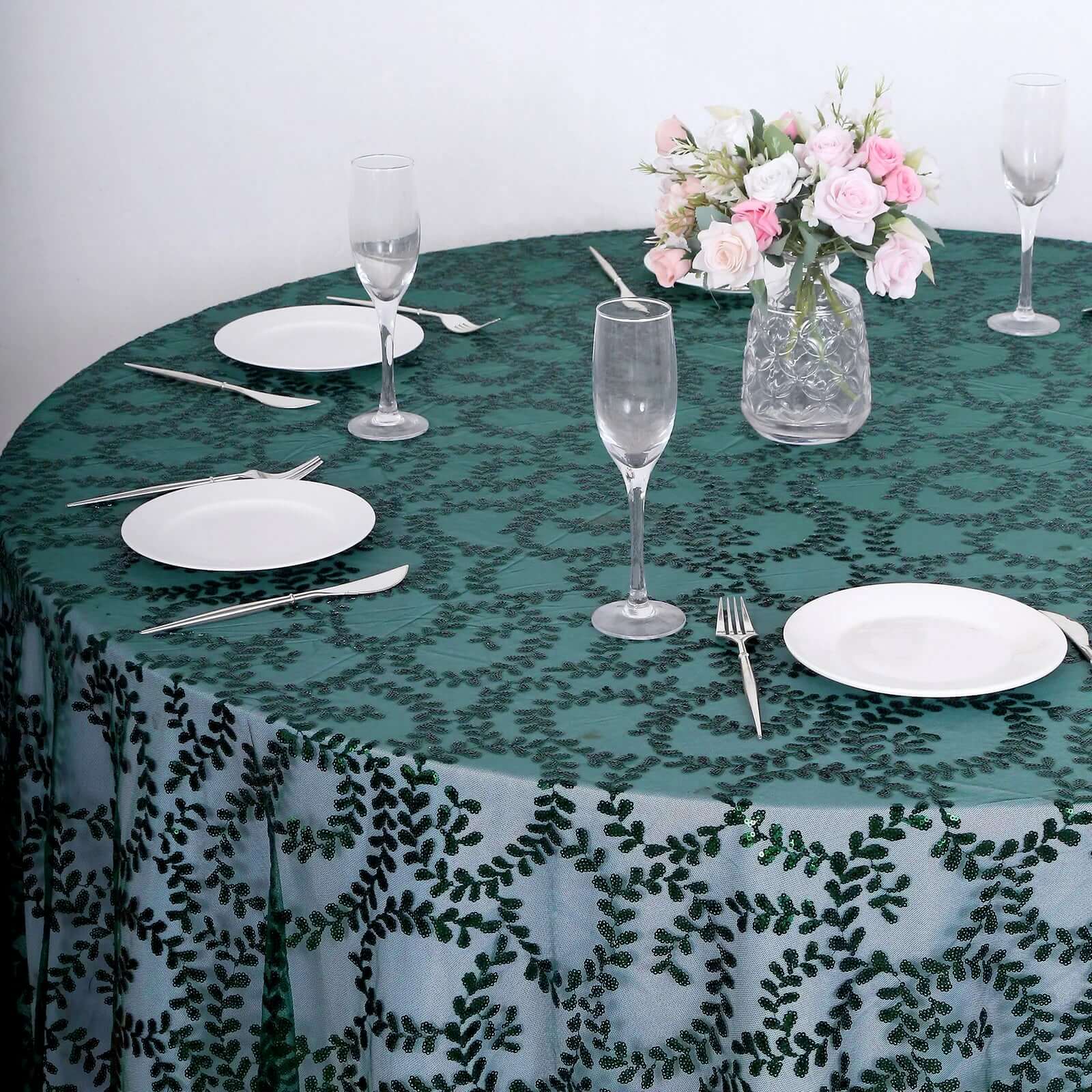 Tulle 120" Round Tablecloth Hunter Emerald Green - Seamless Sequin Leaf Embroidered Table Cover - Bell Racket Store